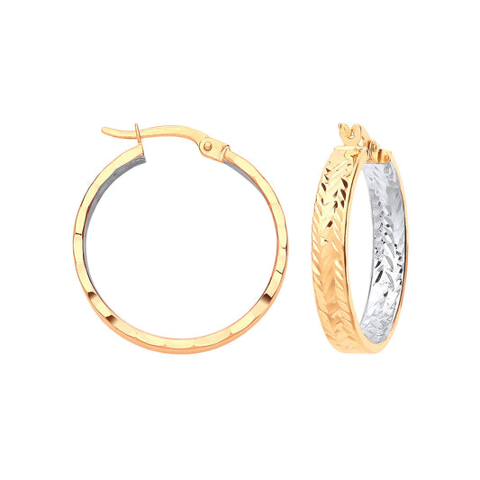 Yellow and White Gold Inside Tyre Tread Design Hoop Earrings