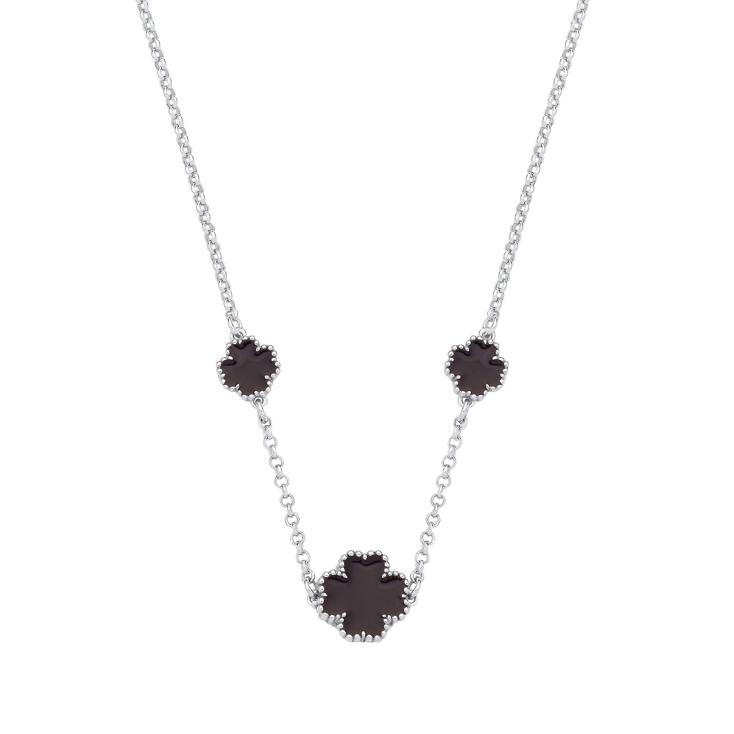 Silver Black Enamel Four Leaf Clover Necklace