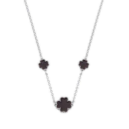 Silver Black Enamel Four Leaf Clover Necklace
