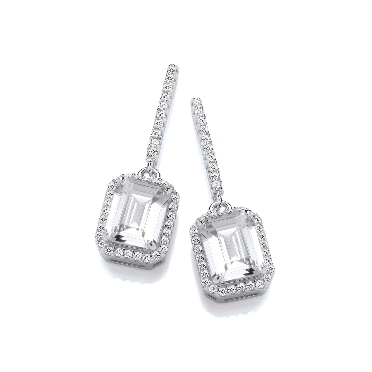Emerald Cut Cubic Zirconia Halo Silver Drop Earrings