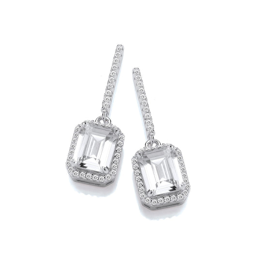 Emerald Cut Cubic Zirconia Halo Silver Drop Earrings