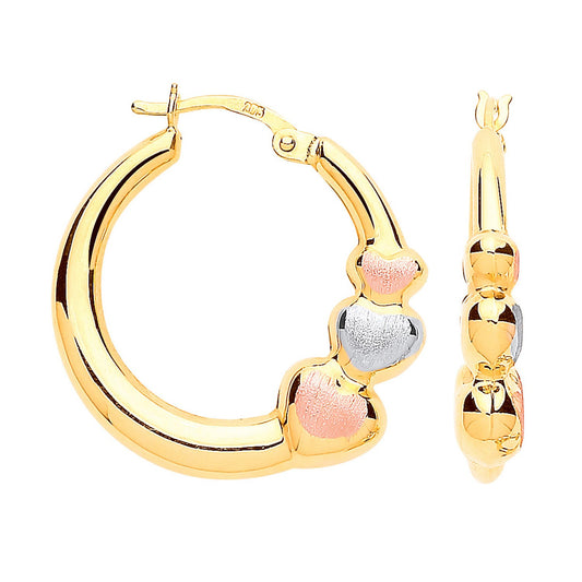 Yellow Gold with Rose &White Gold Satin Finish Large Hearts Hoop Earrings