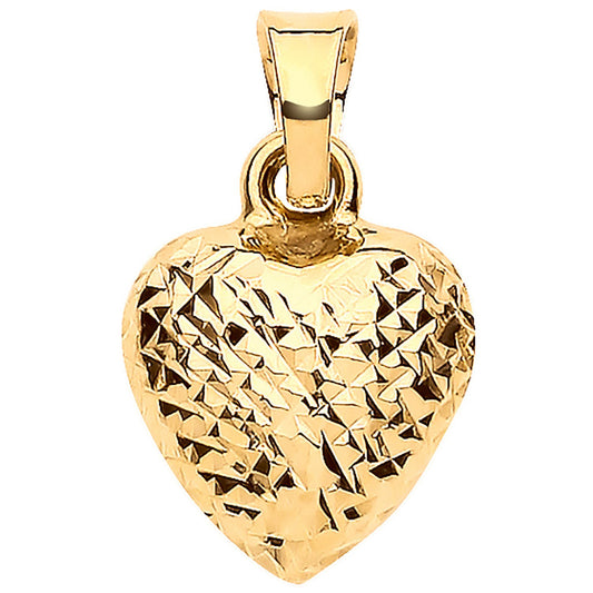 Yellow Gold Puffed Diamond Cut Heart Pendant