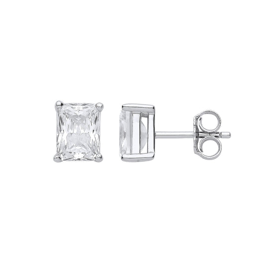 Silver Clear Cubic Zirconia Emerald Cut Stud Earrings