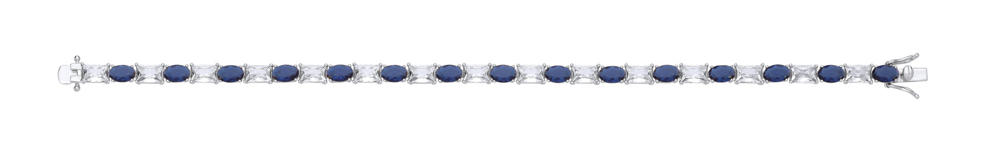Silver Blue Oval & Clear Emerald Cubic Zirconias Tennis Bracelet