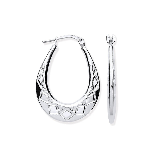 Silver Diamond Cut Oval Creoles
