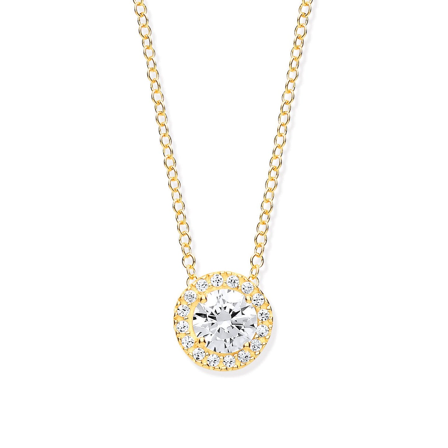 Yellow Gold Round Cubic Zirconia Halo Pendant on 18" Chain