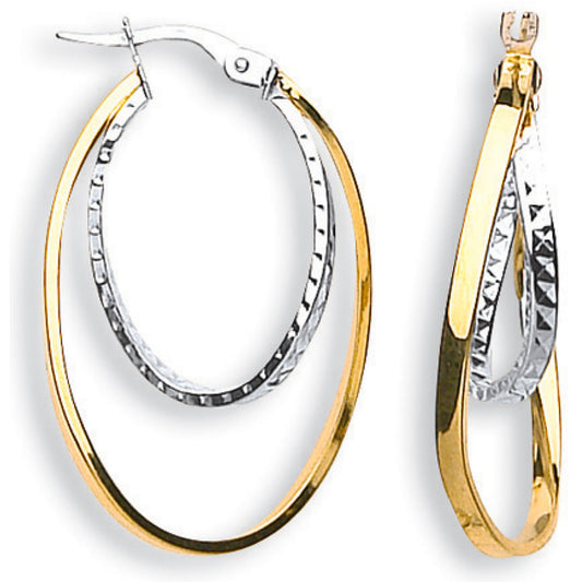 Yellow and White Gold Double Oval Hoop Earrings