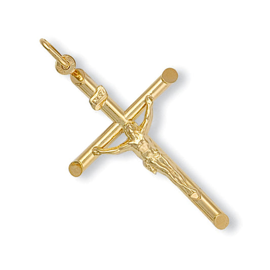 Yellow Gold Round Tube Crucifix - 28.1mm