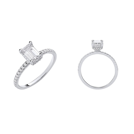 18ct White Gold 1.23ctw Emerald Cut Lab Grown Hidden Halo Diamond Ring IGI Certified
