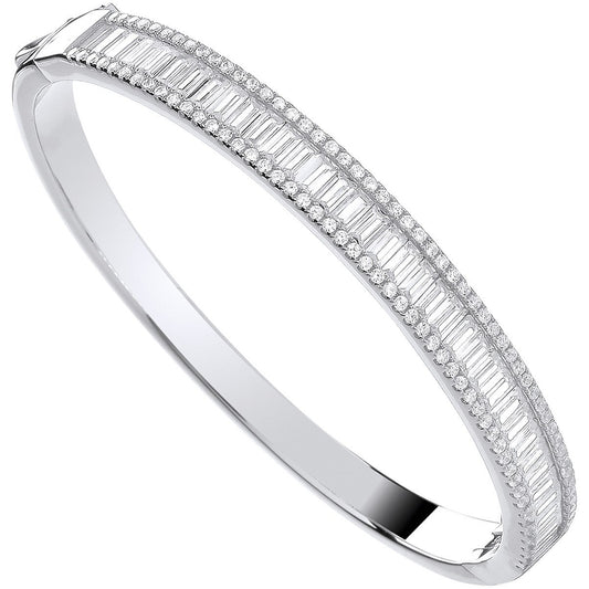 Silver Hinged Baguette & Round Cubic Zirconias Bangle