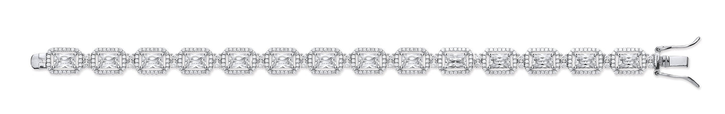 Silver Clear Cubic Zirconia Emerald Cut in a Halo Style Tennis Bracelet