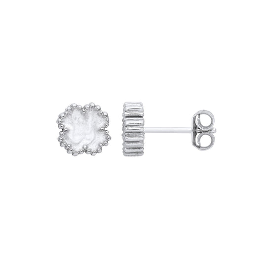 Silver White Enamel Four Leaf Clover Studs