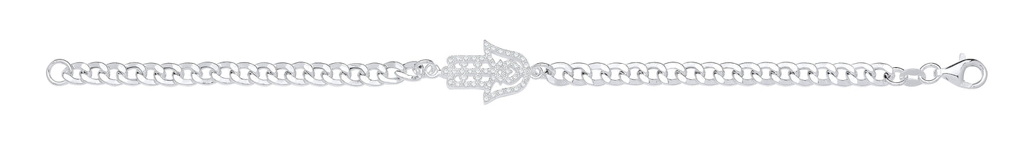 Silver Flat Curb Chain with Cubic Zirconia Hamsa Bracelet