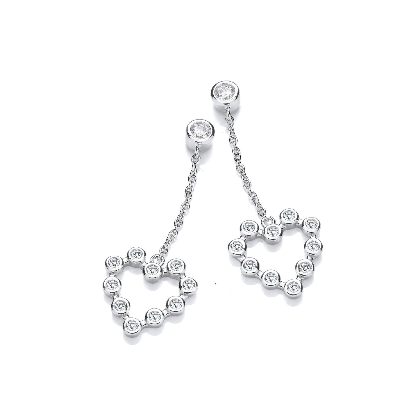 Silver Heart Rubover Cubic Zirconias Chain Drop Earrings