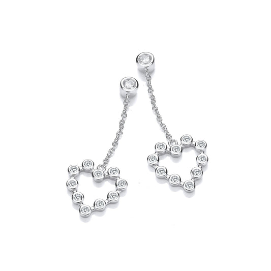 Silver Heart Rubover Cubic Zirconias Chain Drop Earrings