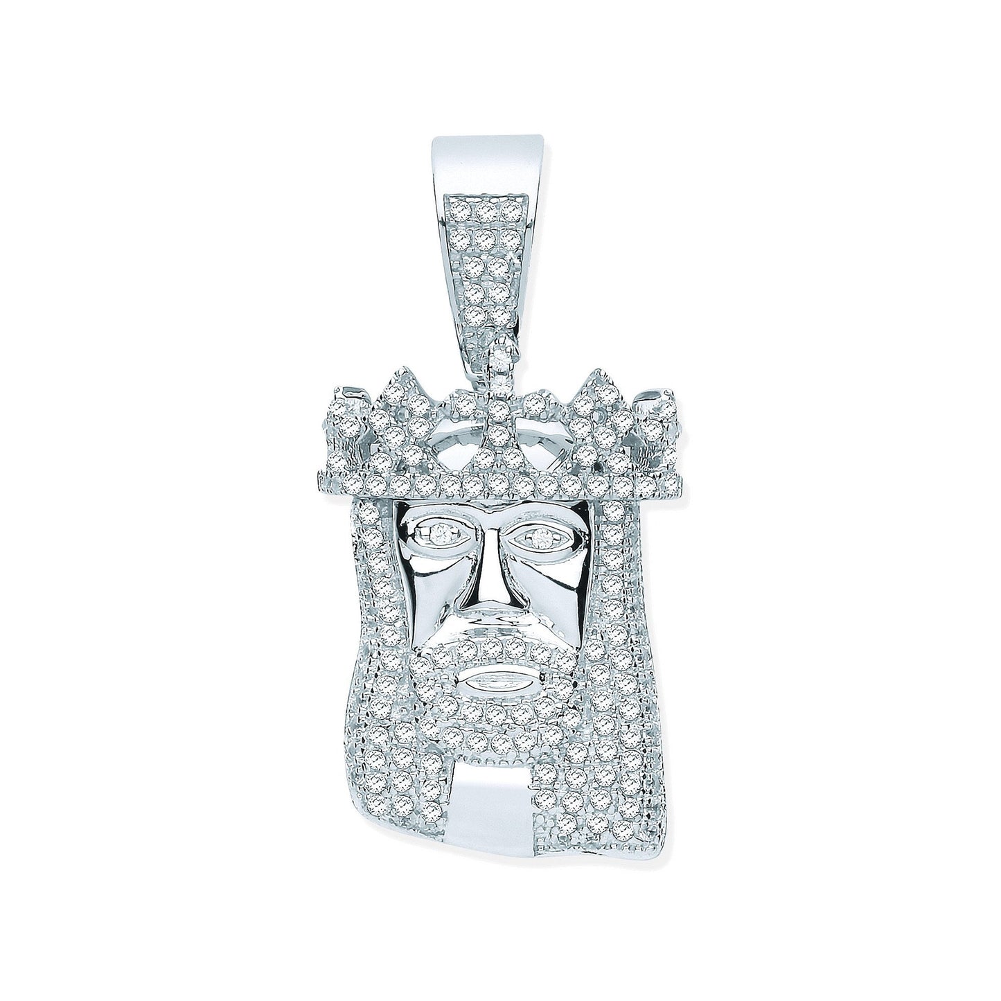 Silver Cubic Zirconia Pendant Jesus with Crown