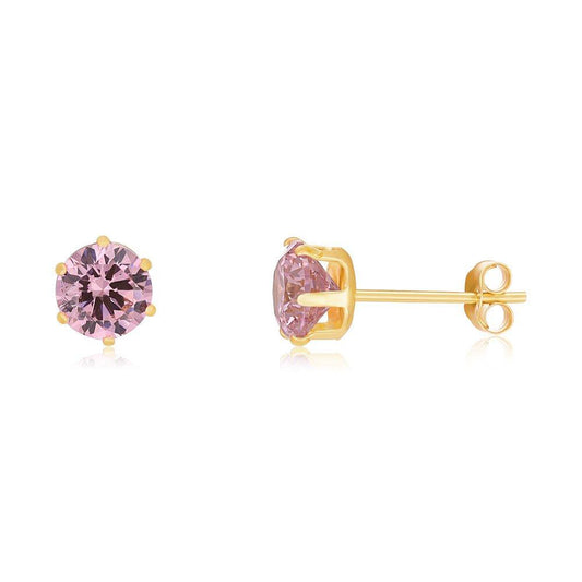 Yellow Gold 5mm Claw Set Pink Cubic Zirconia Studs