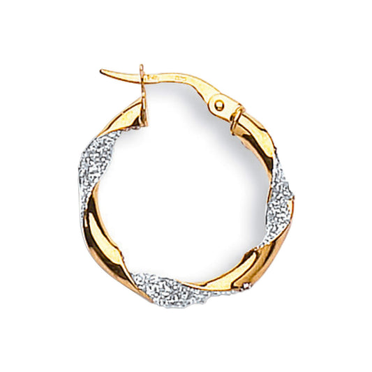 Yellow and White Gold Glitter Finish Twisted 22mm Hoop Earrings