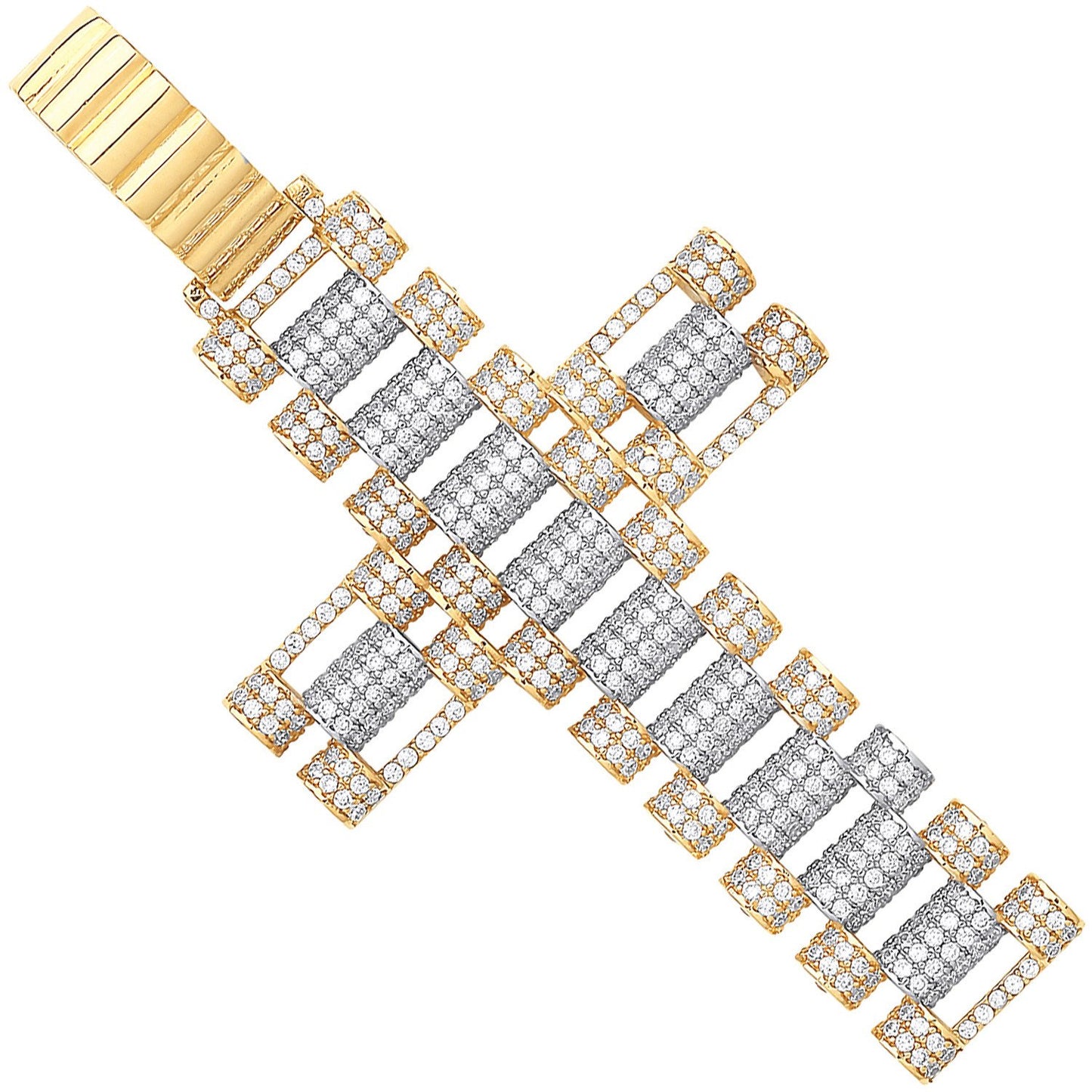 Yellow and White Gold Cubic Zirconia Fancy Link Large Cross