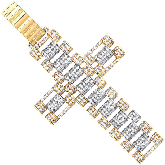 Yellow and White Gold Cubic Zirconia Fancy Link Large Cross