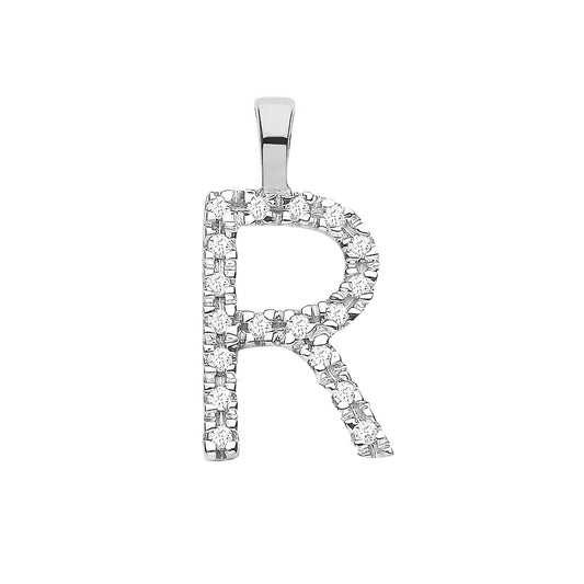 9ct White Gold 0.06ct Diamond R Initial