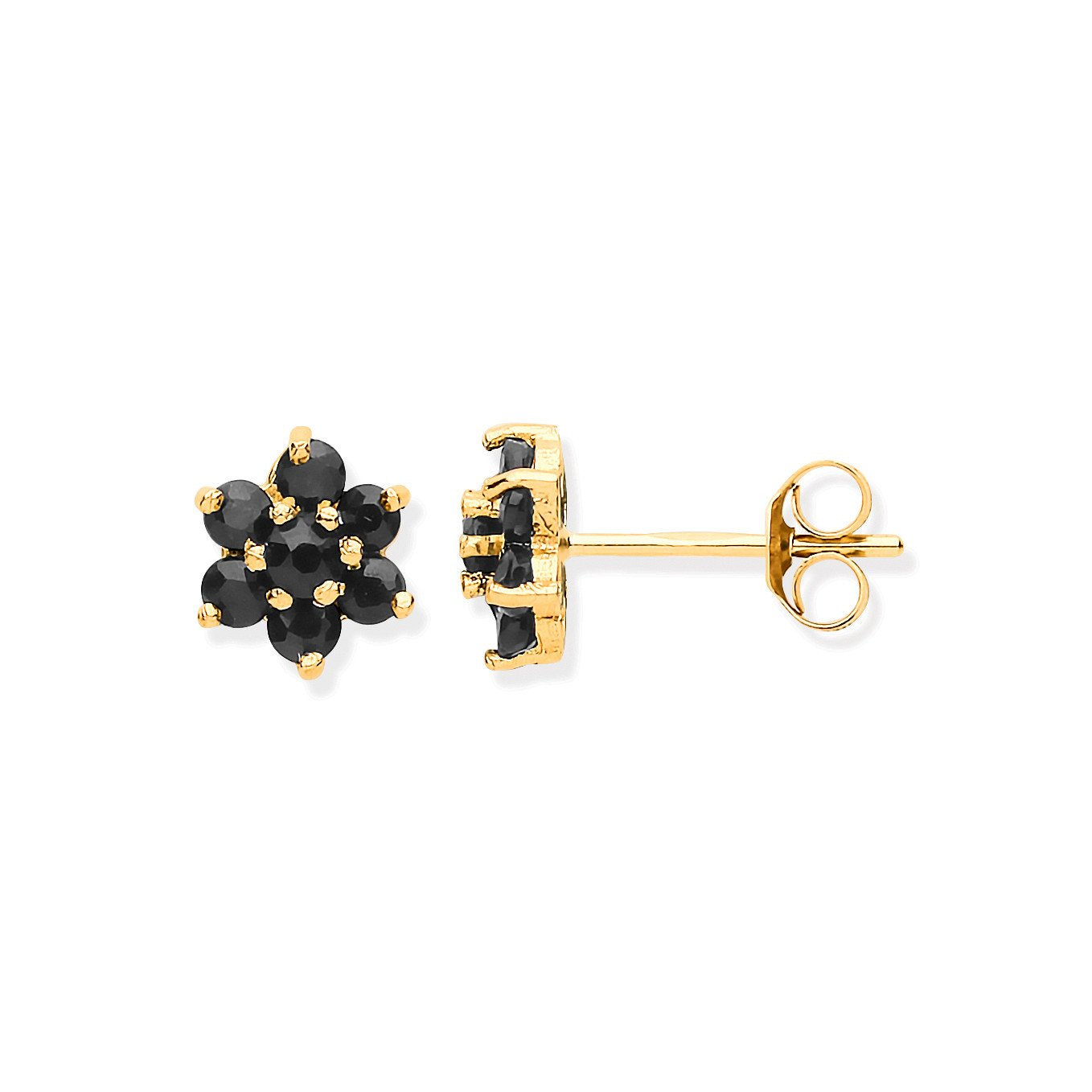 9ct Yellow Gold Black Sapphire Flower Studs