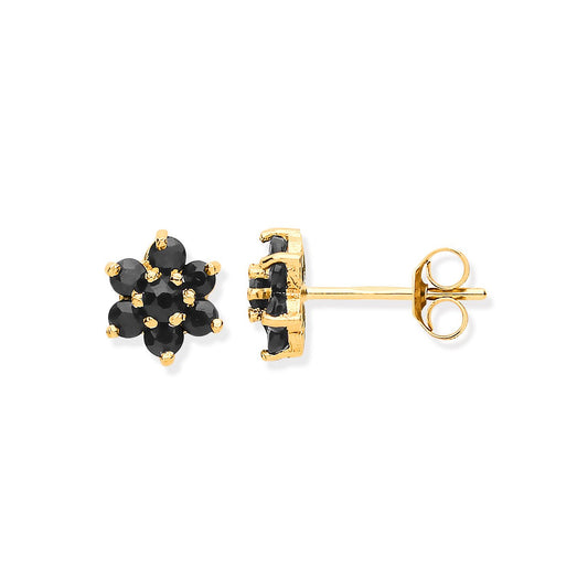 9ct Yellow Gold Black Sapphire Flower Studs