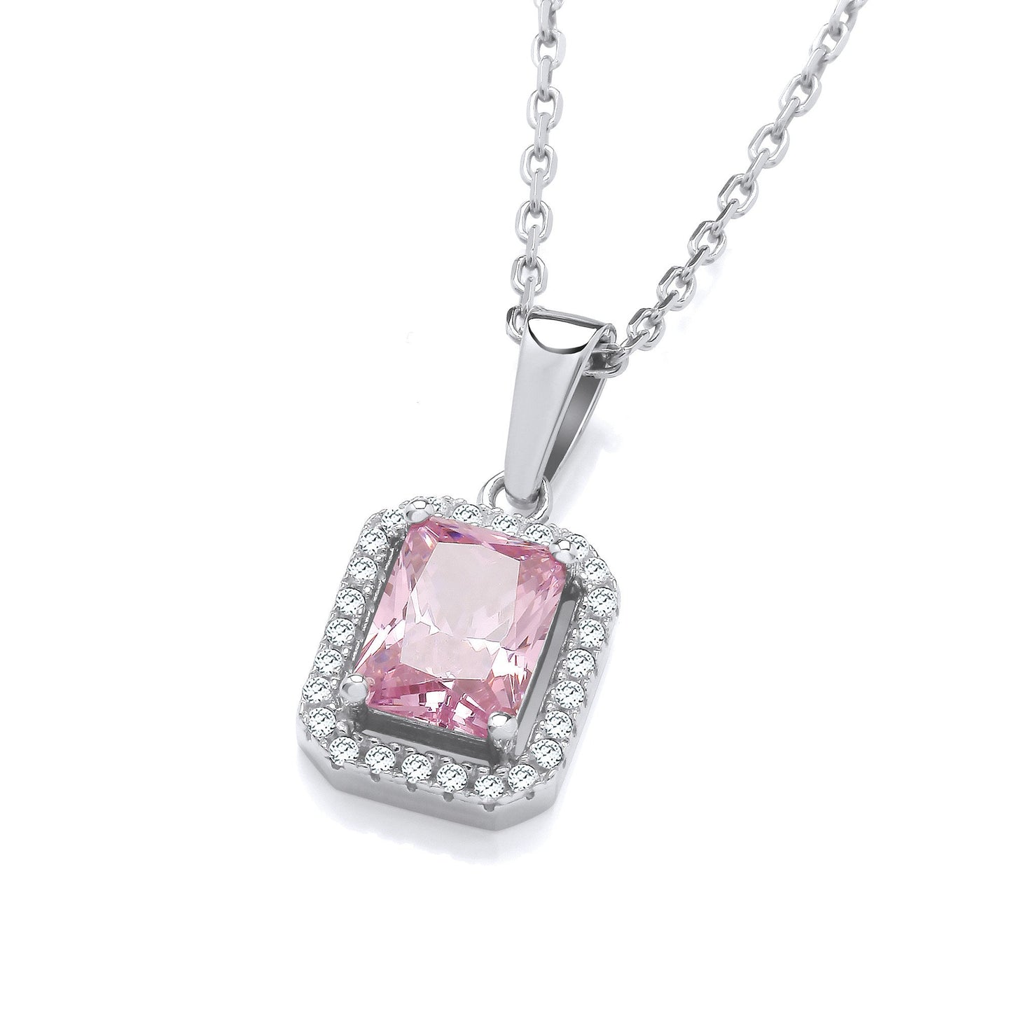 Silver Pink Cubic Zirconias Halo Stud Pendant with Chain