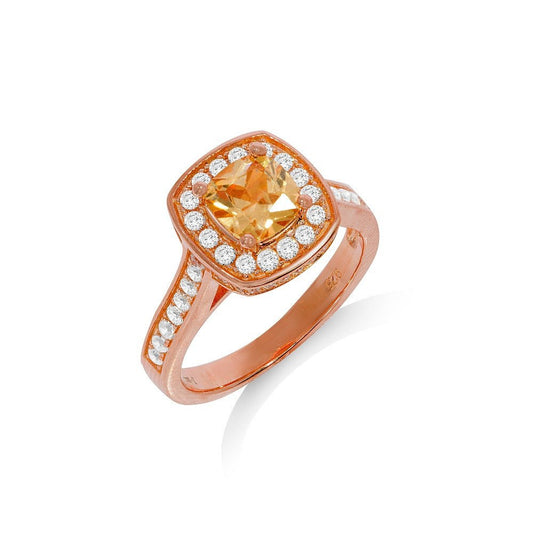Micro Pave Rose Coated Champagne Centre Silver Cubic Zirconia Ring (HNN-59723D)