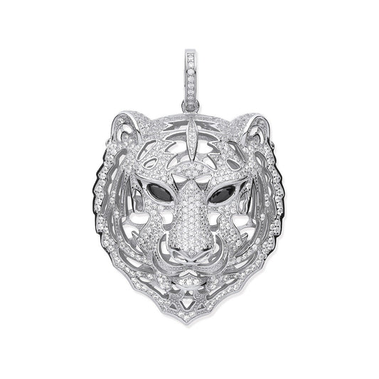 Silver Cubic Zirconia Tiger Head Black Cubic Zirconia Eyes Pendant