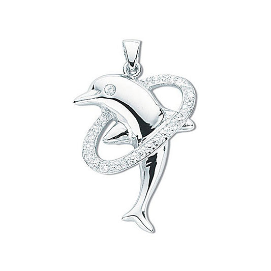 Silver Cubic Zirconia Dolphin Pendant - 17.1mm