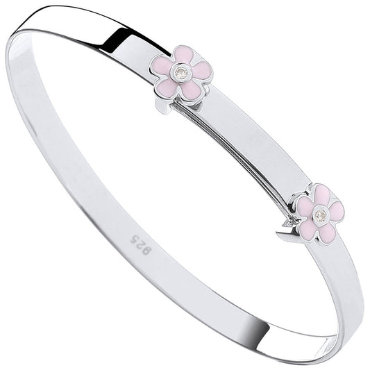 Silver Pink Enamel & Cubic Zirconia Flowers Expandable Baby Bangle