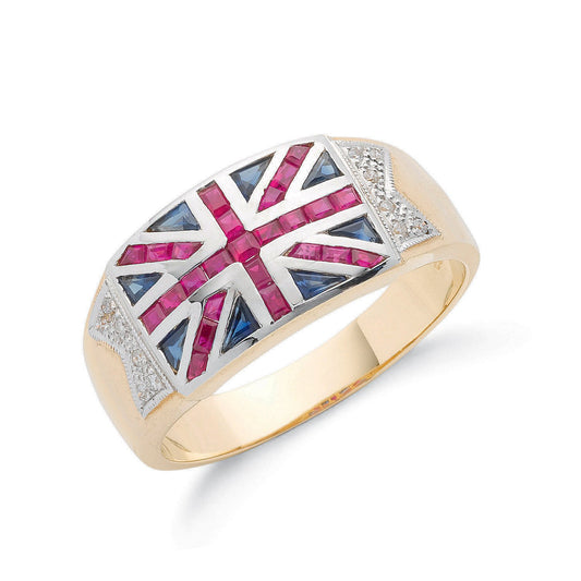 9ct Yellow Gold 0.06ct Diamond 0.30ct Blue Sapphire &1.00ct Ruby Union Jack Ring