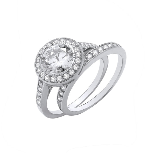 Silver Bridal Set Halo Cubic Zirconia Half Eternity Rings