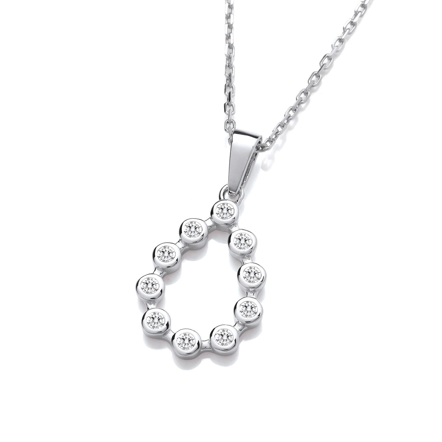 Silver Rubover Teardrop Cubic Zirconia Pendant with Chain