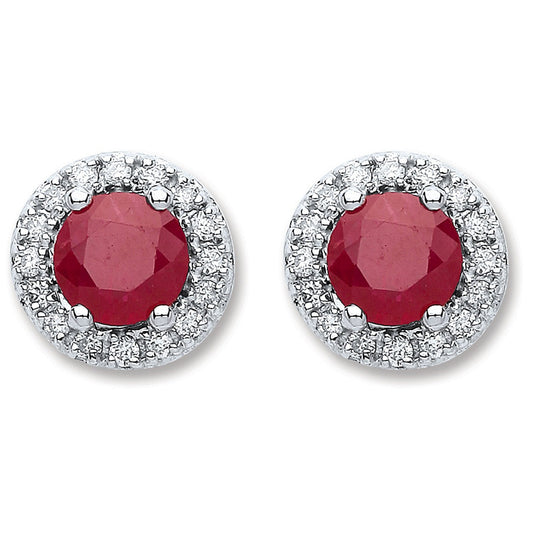 9ct White Gold 0.15ct Dia, 0.90ct Round Ruby Stud Earrings