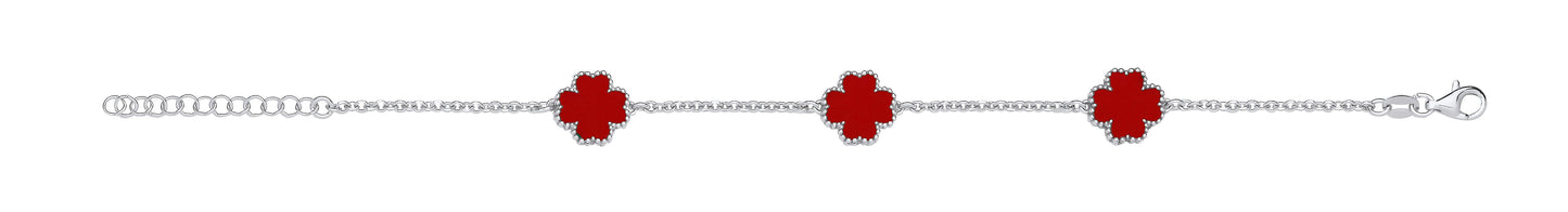 Silver Red Enamel Four Leaf Clover Bracelet