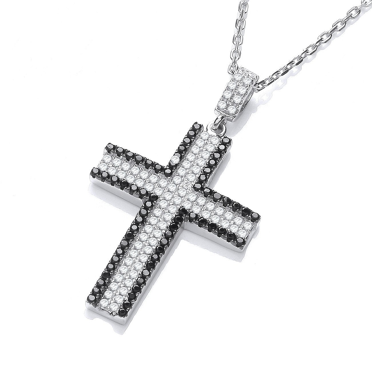 Micro Pave Black & Clear Cubic Zirconia Cross with Chain - 21mm