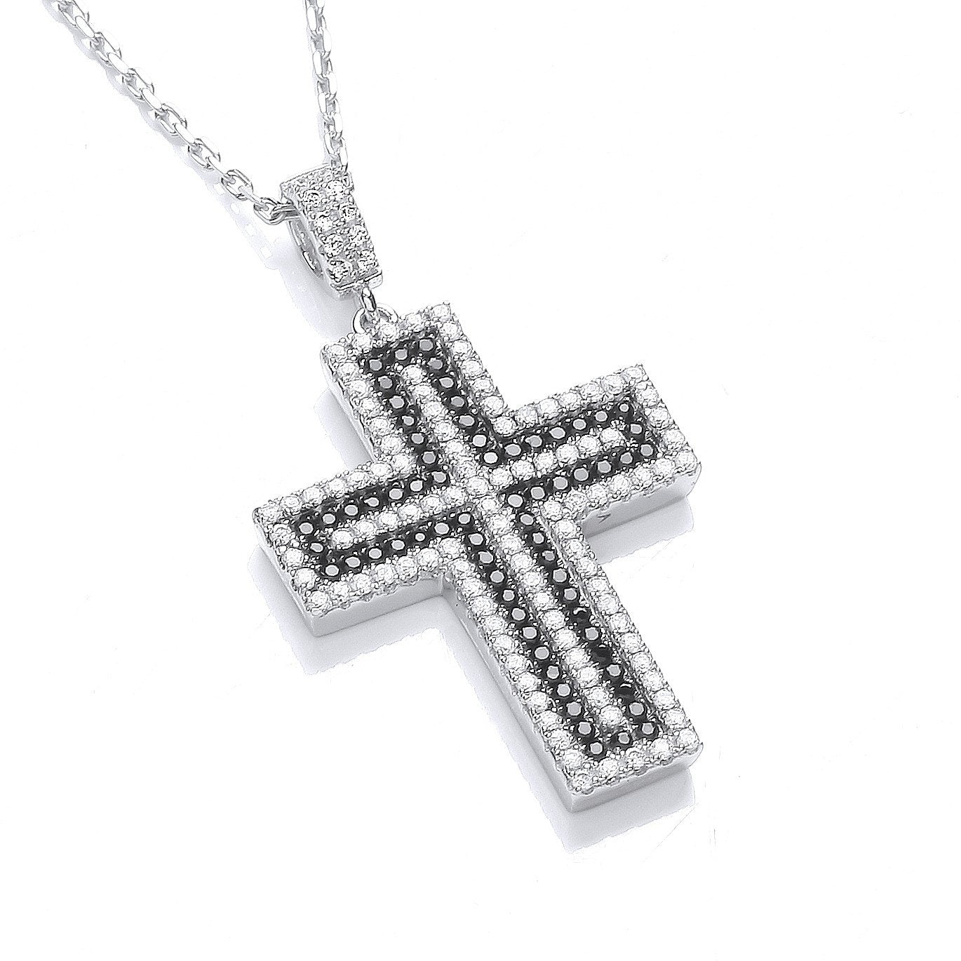 Micro Pave Black & Clear Cubic Zirconia Cross with Chain - 22mm