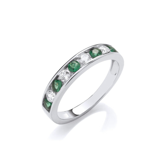 Emerald Green & Clear Cubic Zirconia Half Eternity Silver Ring