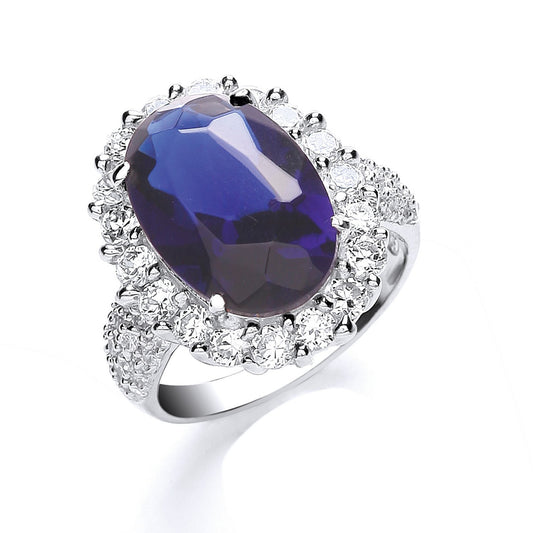 Silver Blue Oval S/S Cubic Zirconia with Cubic Zirconia Surrounding/Shoulder Ring