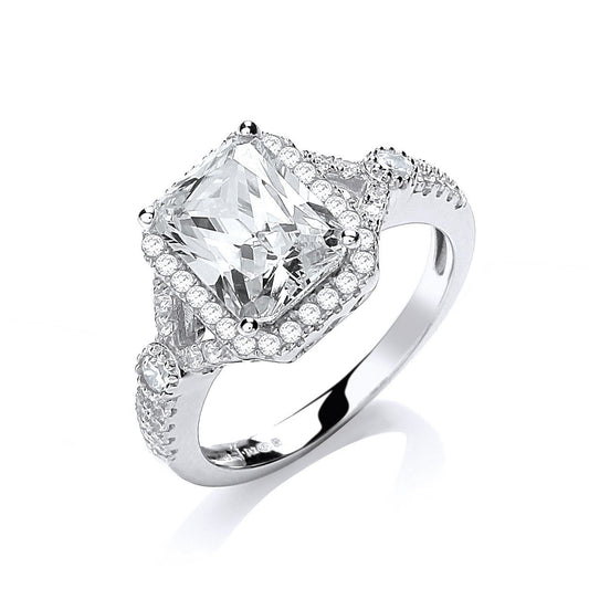 Micro Pave Emerald Cut Centre Cubic Zirconia Ring