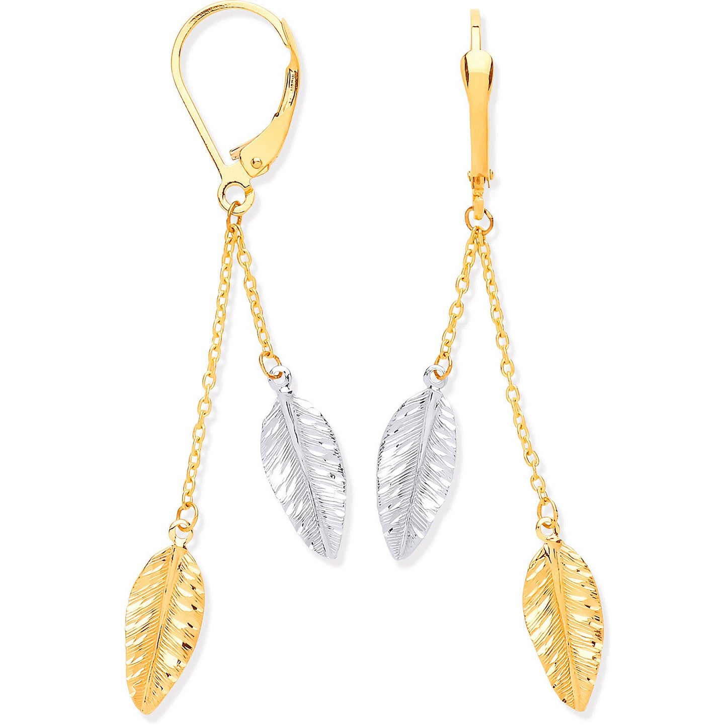 Yellow and White Gold Leaf Drop Earrings