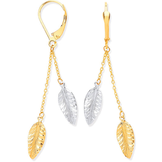 Yellow and White Gold Leaf Drop Earrings