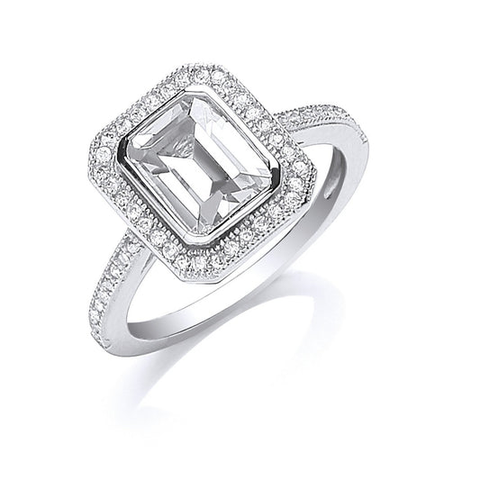 Silver Emerald Cut Cubic Zirconia Centre Ring