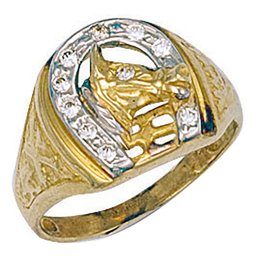 Yellow Gold Horse Shoe & Head Cubic Zirconia Ring (HNN-84B3DE)