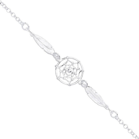 Silver Dream Catcher, Feather Spider Web Drop Bracelet