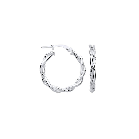 Silver Diamond Cut & Plain Twist Hoop Earrings