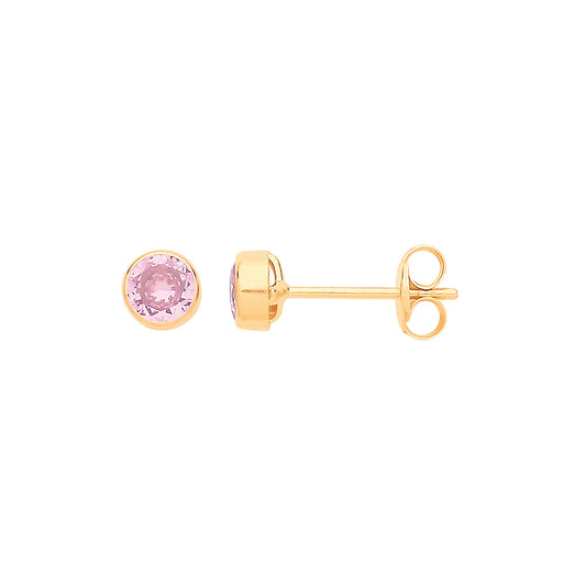 9ct Yellow Gold 4mm Rubover Set Pink Cubic Zirconia Studs